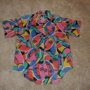 Vintage 80's Dada faces psychedelic women's button down blouse shirt abstract XL
